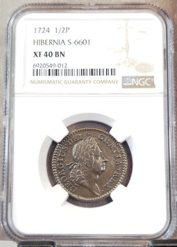 1724 IRELAND 1/2 PENNY GEORGE I HIBERNIA S-6601 NGC XF 40 BN RARE HIGH GRADE