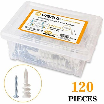 Hilitchi 112 Pieces Large and Small Plastic Self-Drilling Drywall and Hollow-Wall Anchor with Screws Kit