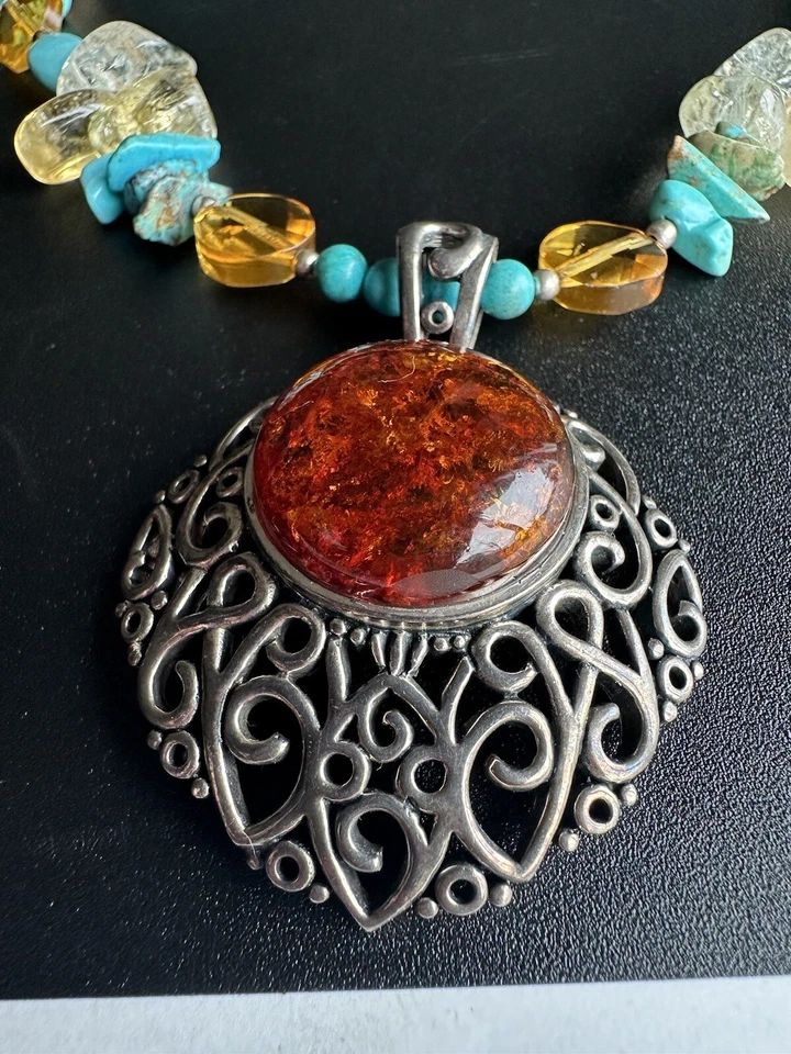 BARSE THAI 925 Sterling Silver Turquoise, Citrine Huge Amber Pendant Necklace XL - Image 2 of 4