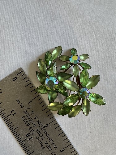 Vintage Large Green Blue Glass Rhinestone Flower Brooch Silver Tone - Picture 5 of 8