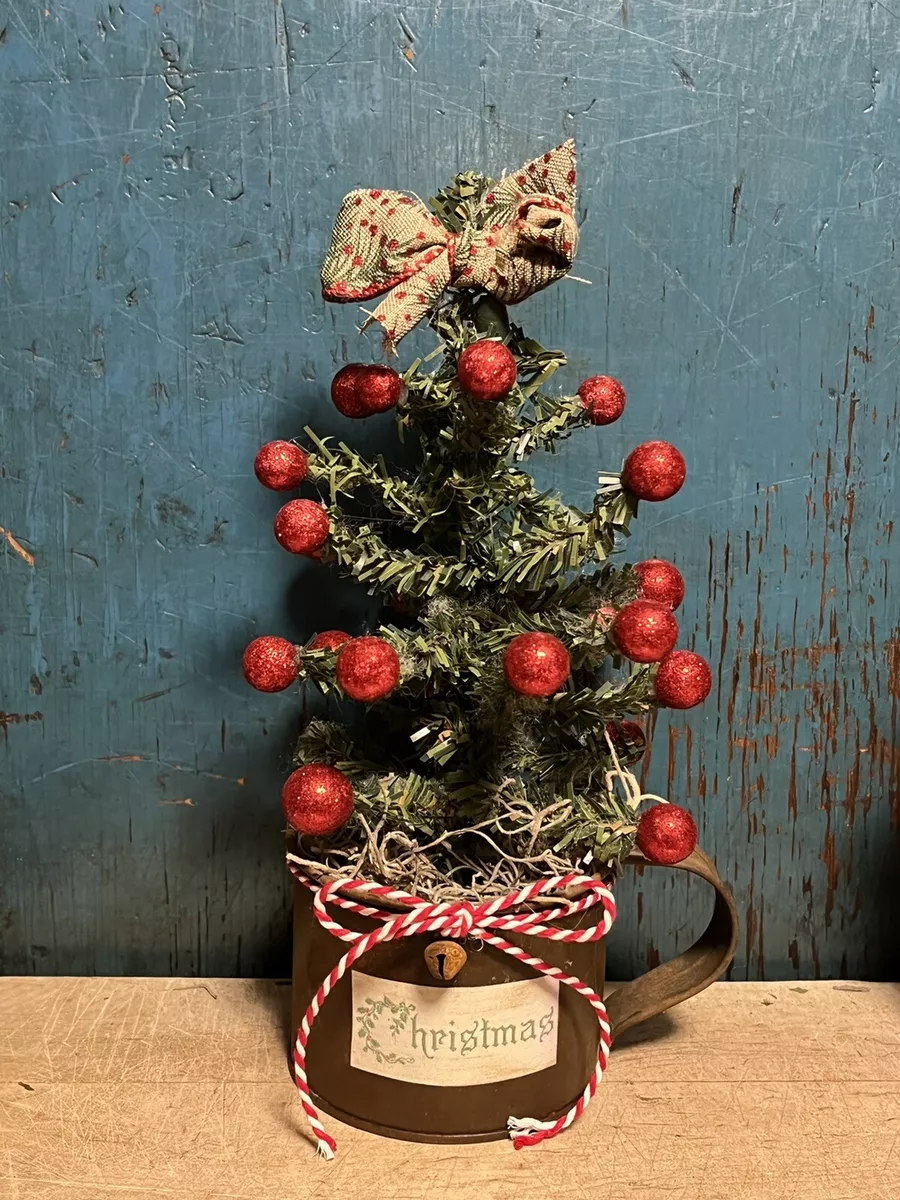 Grubby PriMiTiVe Christmas Tree Red in Old Antique Tin Cup OOAK
