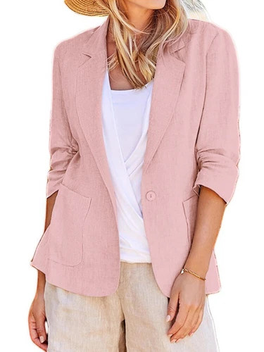 Damas Algodón Lino Chaqueta Traje Informal OL Trabajo Cuello Botón Blazer Abrigo Diario - Imagen 7 de 20
