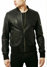 Giubbotto Bomber Uomo Nero Pelle di Agnello Morbido Biker Racer Vintage Cappo...
