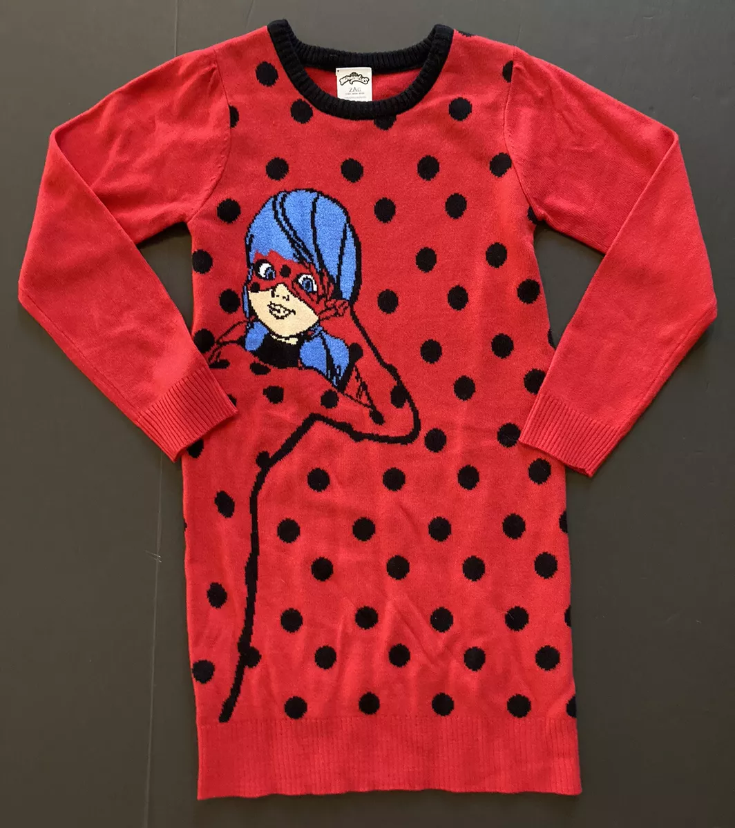 Miraculous Lady Bug Size M 7 8 Girls Red Black Polka Dot Sweater Dress