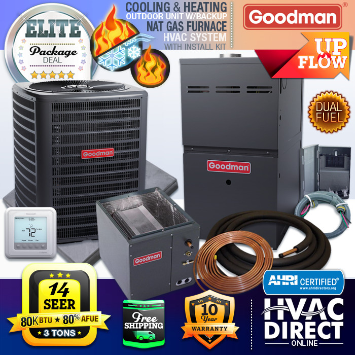 3 Ton Goodman 14 SEER 80% 80K BTU Gas Furnace u0026amp; AC + Heat Upflow System  Kit | eBay