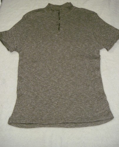 Zara Top Women XL Khaki Green Blend Knit Ribbed 1/4 Zip Short Sleeve