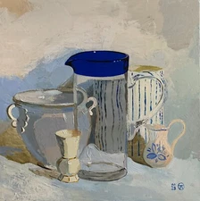 White & Blue ORIGINAL Acrylic Painting Contemporary Still life Composition Art