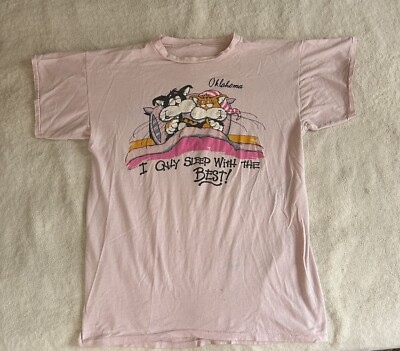 Vintage 80s Cat Shirt I Only Sleep with the Best Oklahoma XL Pink