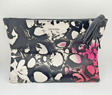 Sephora Large Floral Makeup Bag Pouch Clutch Accessory Leather Tassel 13" x 10"