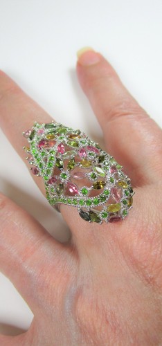 FLOWER RING #8.75 Fancy Tourmaline & Chrome Diopside 10.78 CTW 14kwg/925 Silver - Picture 6 of 10