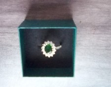 Stunning White Gold Plated Emerald Cubic Zirconia Large Stone Ring size L USED