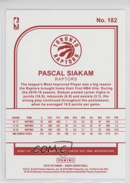 2019-20 Panini NBA Hoops Red Back Pascal Siakam #182 - Image 2 of 2