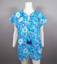 Talbots Blue Floral Ruffle Trim Shell Cap Sleeve Lightweight Cotton Top Sz Large