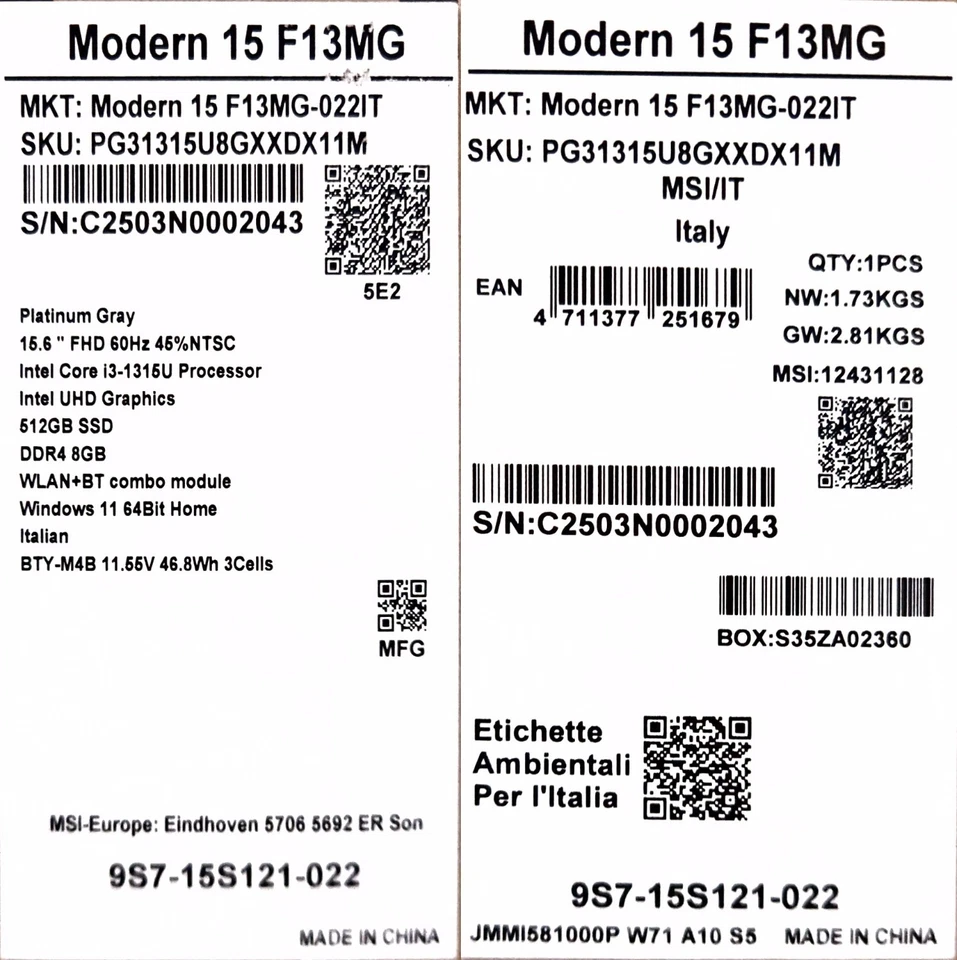 MSI NOTEBOOK MODERN 15 F13MG-042XIT I3-1315U/8GB/512GBSSD/15,6/NO O.S. - Immagine 3 di 4