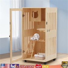 Cat Indoor House Enclosure Catio Wooden Large Cage Pet with LED Light Wheels