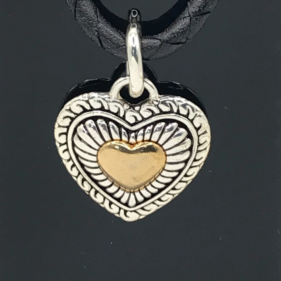 Brighton Necklace Heart Pendant Gold & Silver Plate Braided Black Leather Cord - Image 3 of 4