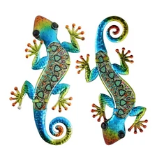 HONGLAND 2Pcs Metal Gecko Wall Decor Lizard Garden Art Color Hanging Glass Sc...