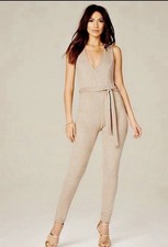 Bebe Women's Small Desert Mist Faux Suede Sleevless V Neck Belted Catsuit NWT