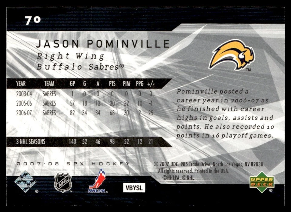 2007-08 SPx Jason Pominville Buffalo Sabres #70 - Image 2 of 2