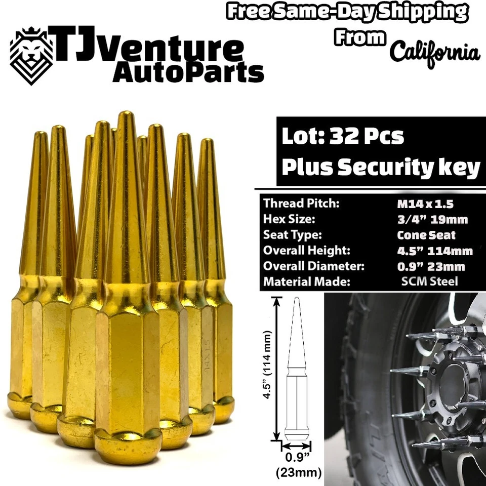 Tuerca de clavo 32 piezas dorada de 4,5" de alto M14x1,5 + llave apta para Ford F250 F350 Super Duty Foto 2 de 3