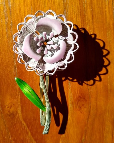 Enamel Flower Hair Barrette Purple Lilac Bobby Pin Vintage Japan