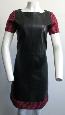BOUTIQUE MOSCHINO black leather dress with pink/black diamond print sleeve SZ 40