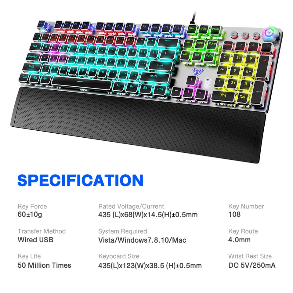 AUAL Square Punk F2088 Mechanical Keyboard 108 Keys Black Switch RGB USB Wired - Image 2 of 4