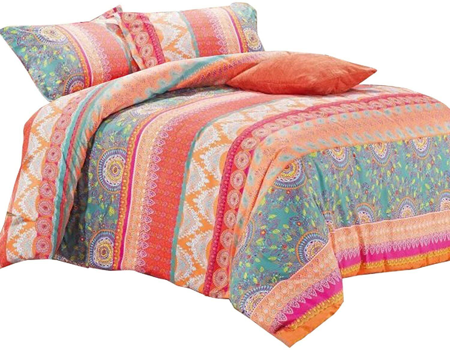 Wake In Cloud 3pcs, King Size Soft Microfiber Bedspread Coverlet Bedding Bohemian Quilt Set Orange Coral and Green Boho Chic Mandala Pattern Printed 