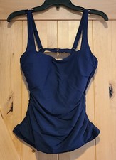 Athleta Square Neck Bra Cup Swim Tankini Top Blue Ruching 34B/C Underwire