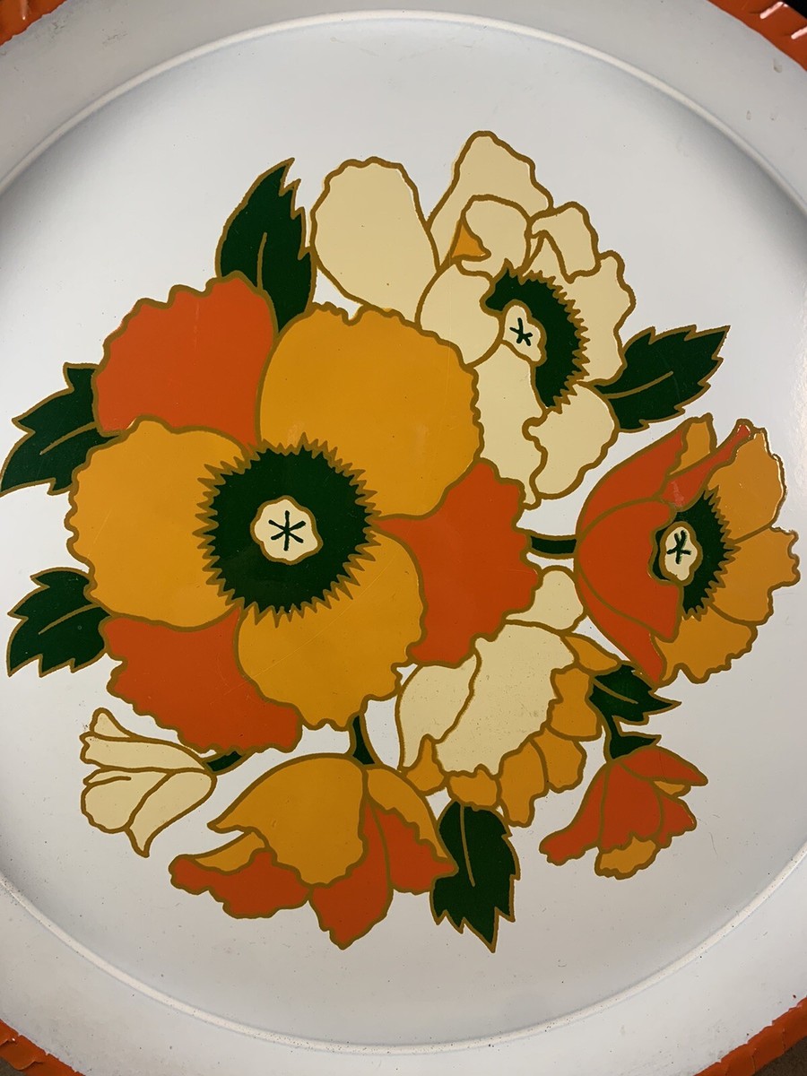 Vintage Metal Orange Floral Flower Tray Japan Platter Ruffled Edge EUC Boho  Farm