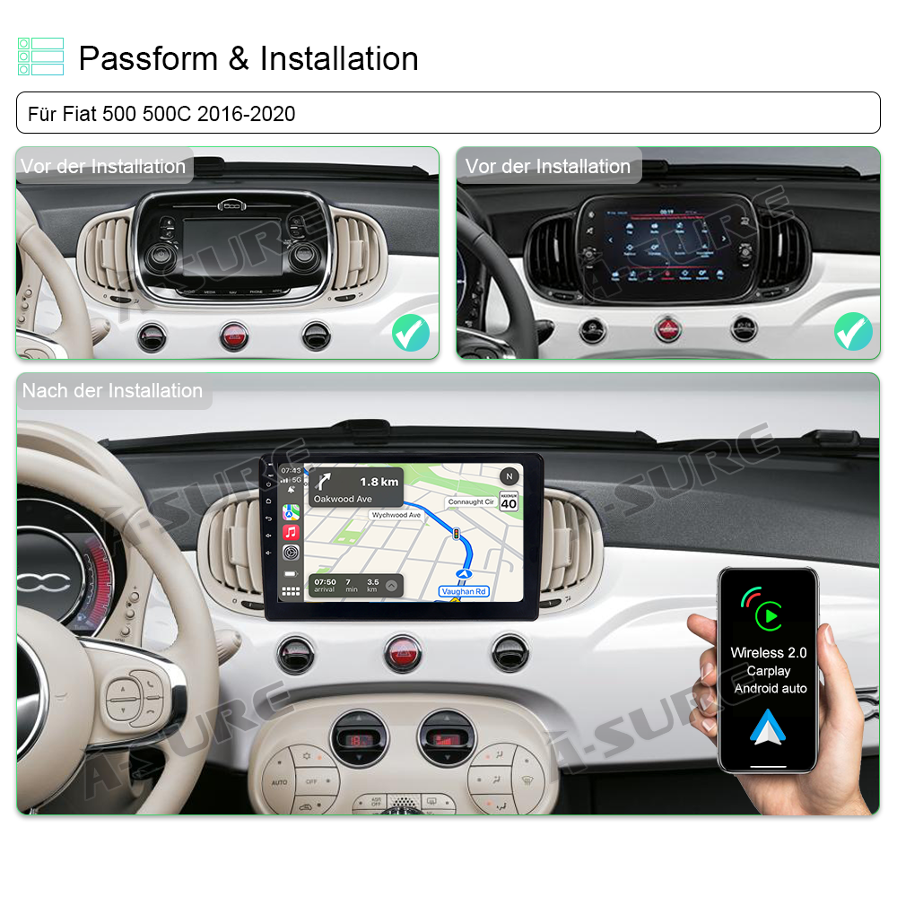 Autoradio Android Per Fiat 500 2007-2015 - 9 Pollici Con Carplay Wireless E GPS - Foto 6