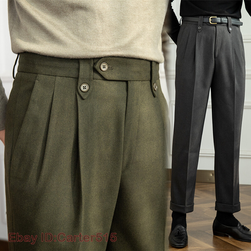 Men Gurkha British Thick Suit Pants Straight Leg High
