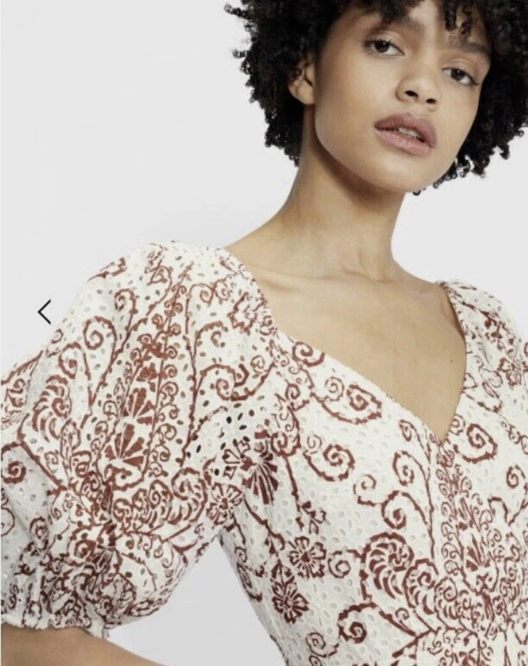 Mini Vestido Ted Baker Broderie Blanco Marrón Ojales Floral Manga Abullonada Talla 3 EE. UU. 6/8 Foto 3 de 4