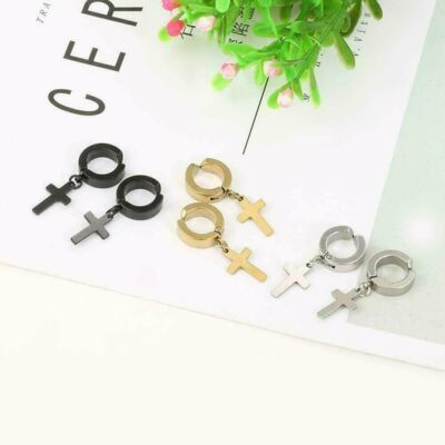 Earrings Non-Piercing Stainless Steel Cross Clip on Men Women