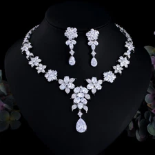 Sparkling White Cubic Zirconia Set Flower Drop Wedding Necklace Earrings Jewelry