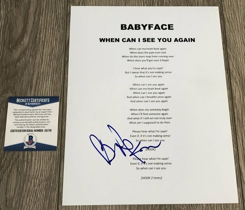 BABYFACE SIGNED WHEN CAN I SEE YOU AGAIN LYRIC SHEET w/PROOF & BECKETT BAS COA