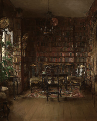Vintage Library Interior Painting Giclee Print on Fine Art Paper