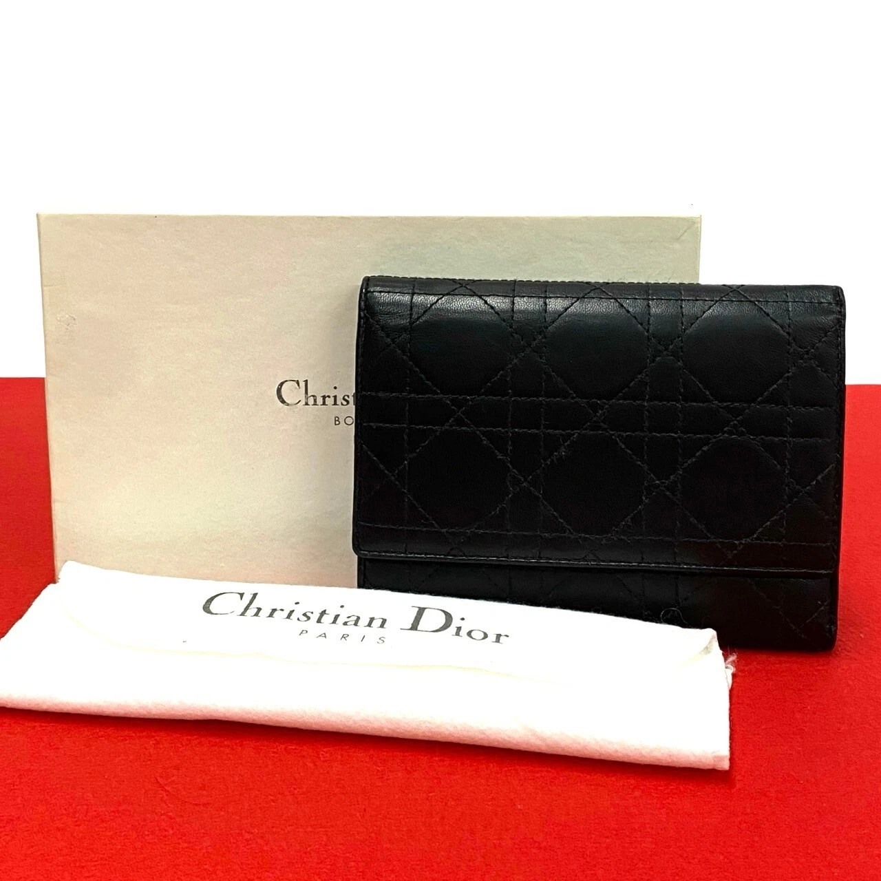 Christian Dior Canage Portefeuille Tri Fold Cuir Noir 73237