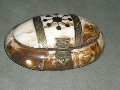 Camel bone brass trinket large trinket box deep burgundy lined 4 1/4 X 2 7/8