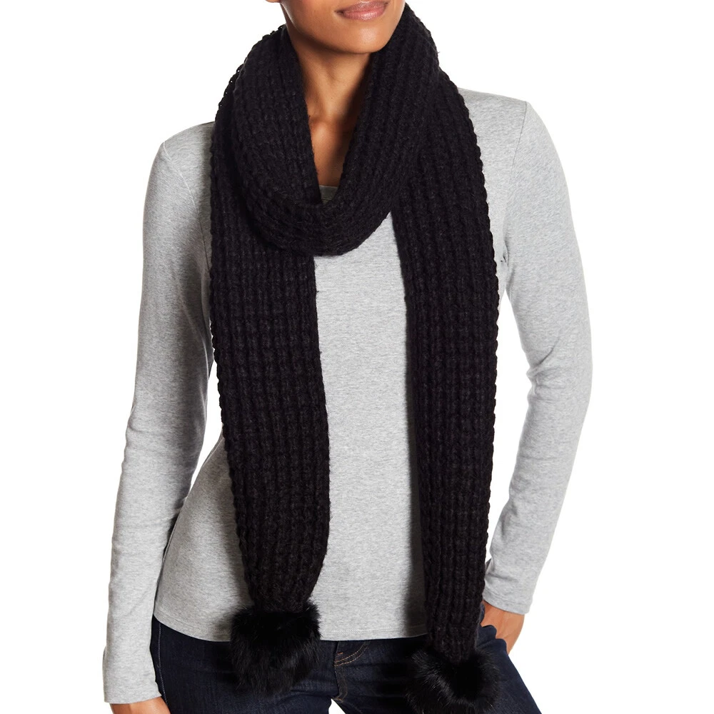 Michael Kors Womens Black Faux Fur Pom Pom Scarf