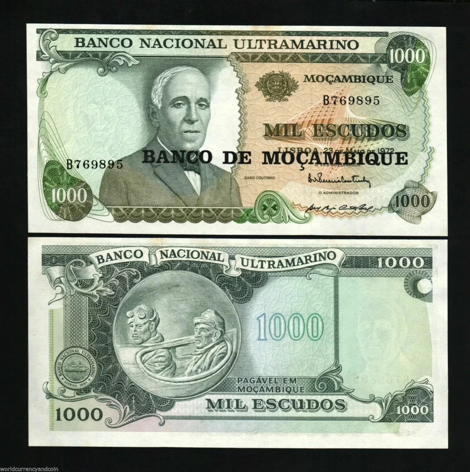 Mozambique 1000 ESCUDOS P-119 1972 (1976) Overprint UNC Airplane Cockpit NOTE - Image 4 of 4