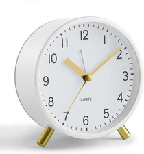 Analog Alarm Clock, 4 inch Super Silent Non Ticking Small Clock White + Gold 