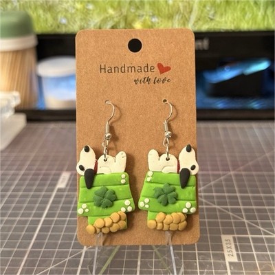 Handmade with love Snoopy Polymer Clay Dangle Earrings Green & White