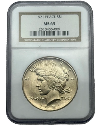 1921 $1 Peace Dollar, MS63 NGC, Strong Luster and Details Collector Coin.