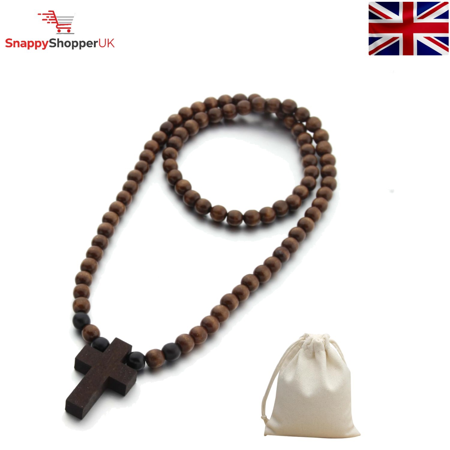 Wood Rosary Necklace, Natural Wooden Smooth Beads, Catholic Cross Necklace