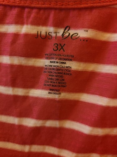 Just Be Sleeveless Top Womens Plus Size 3X Hot Pink White Striped Keyhole Comfy - Picture 3 of 6