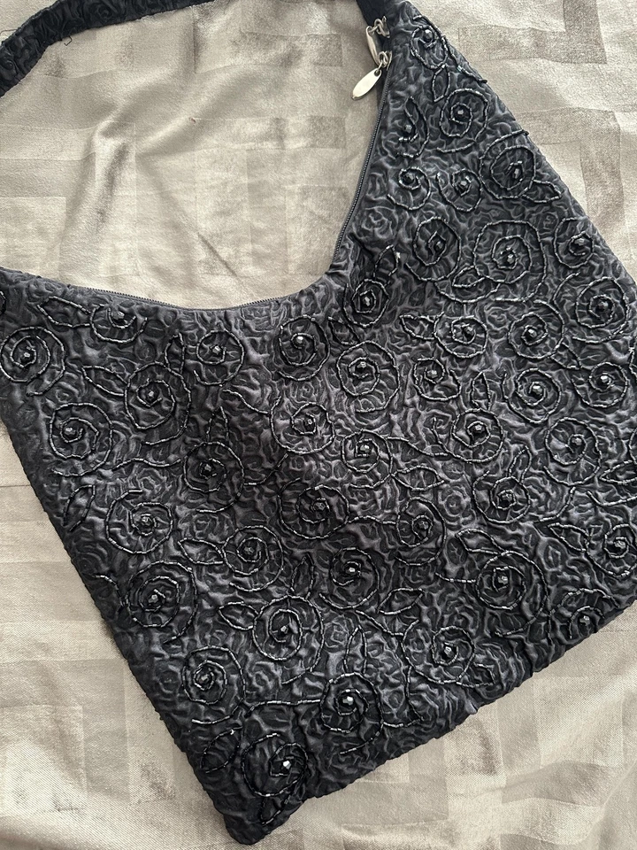 Bolso de Hombro Mujer Negro Cuentas Floral Roseta Hobo Cartera Bordada Noche Foto 4 de 4