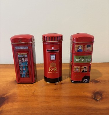 Set of 3 New English Tea Tins-Telephone Box Pillar Box LNDN Double Decker Bus