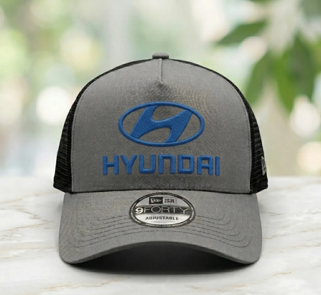 Trucker Hat Hyundai Logo 2D Embroidered Gray Mesh Cap New