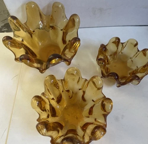 Vintage Murano Small Nesting Bowls Amber Stacking Hand Crafted Pulled Art Glass